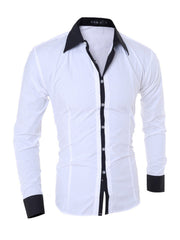 Men's white long sleeve shirt with black collar and button placket, slim fit