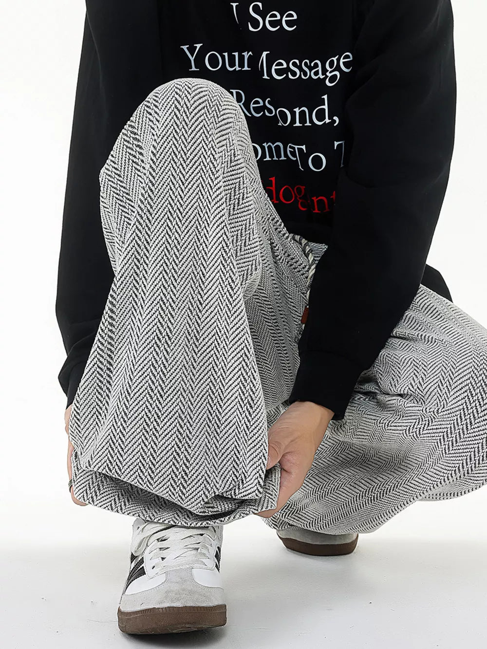 Premium Plus Size Textured Knit Sweatpants in black with herringbone pattern.