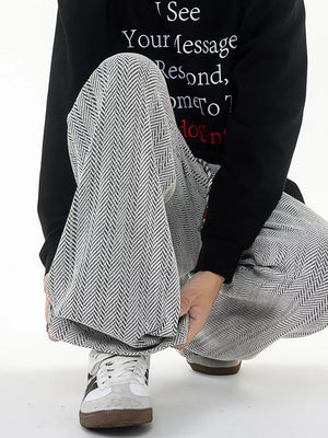 Premium Plus Size Textured Knit Sweatpants in black with herringbone pattern.