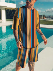 Men's Full Size Striped Short Sleeve Top & Shorts Set, front view