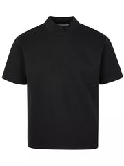 Black cotton t-shirt with a mock neck and short sleeves.