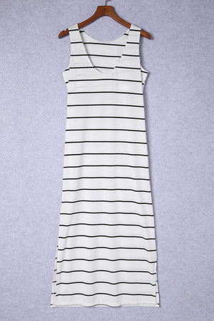 White and black striped maxi dress with a V-neck and side slits.