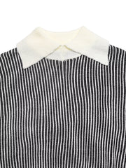 Black and white striped knit sweater with a contrast white collar.
