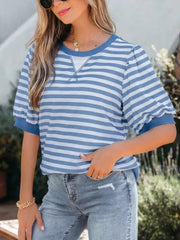 Blue and white striped t-shirt with bubble sleeves and crew neck