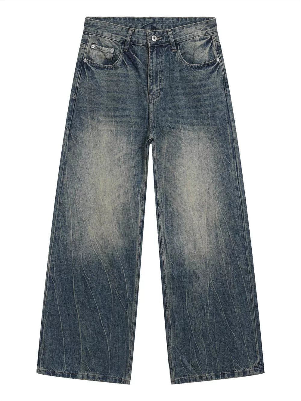 Men's blue baggy fit denim jeans with a faded wash and distressed details.