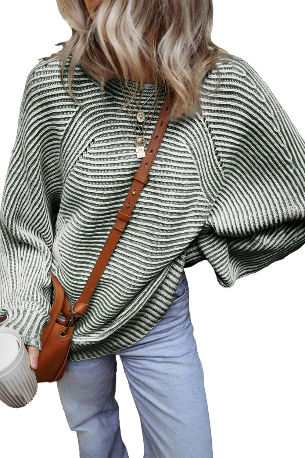 Textured stripe batwing knit sweater in Air Force Blue with a relaxed fit and crew neck.