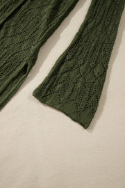 Army green openwork maxi cardigan with bell sleeves and a diamond pattern.
