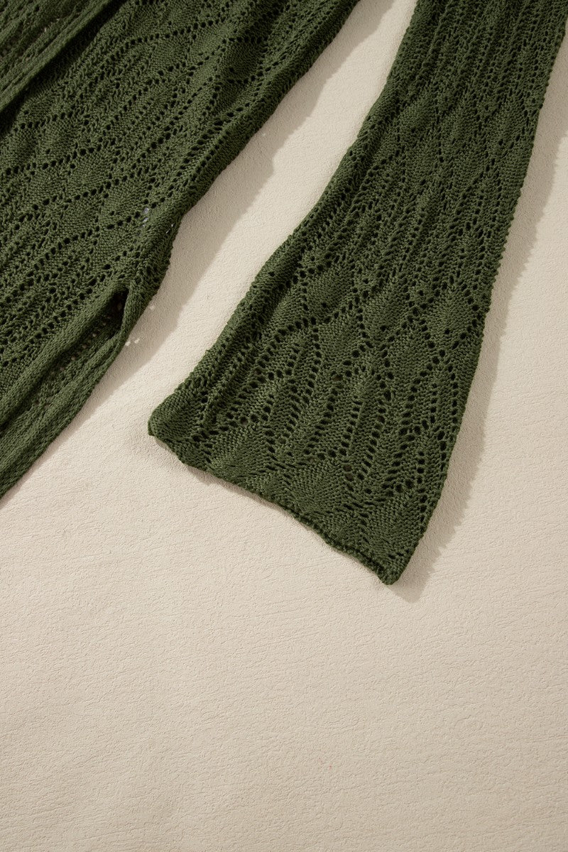 Army green openwork maxi cardigan with bell sleeves and a diamond pattern.