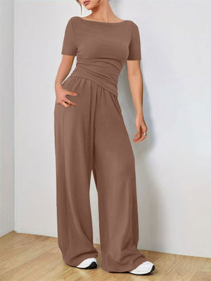 Camel boat neck jersey co-ord set with wide leg pants