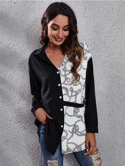 Black and white rope print panel button-down blouse with a black solid side.