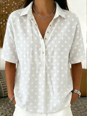 Full Size Polka Dot Short Sleeve Shirt Plus Size, fit detail