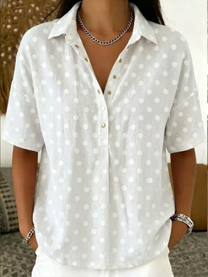 Full Size Polka Dot Short Sleeve Shirt Plus Size, fit detail