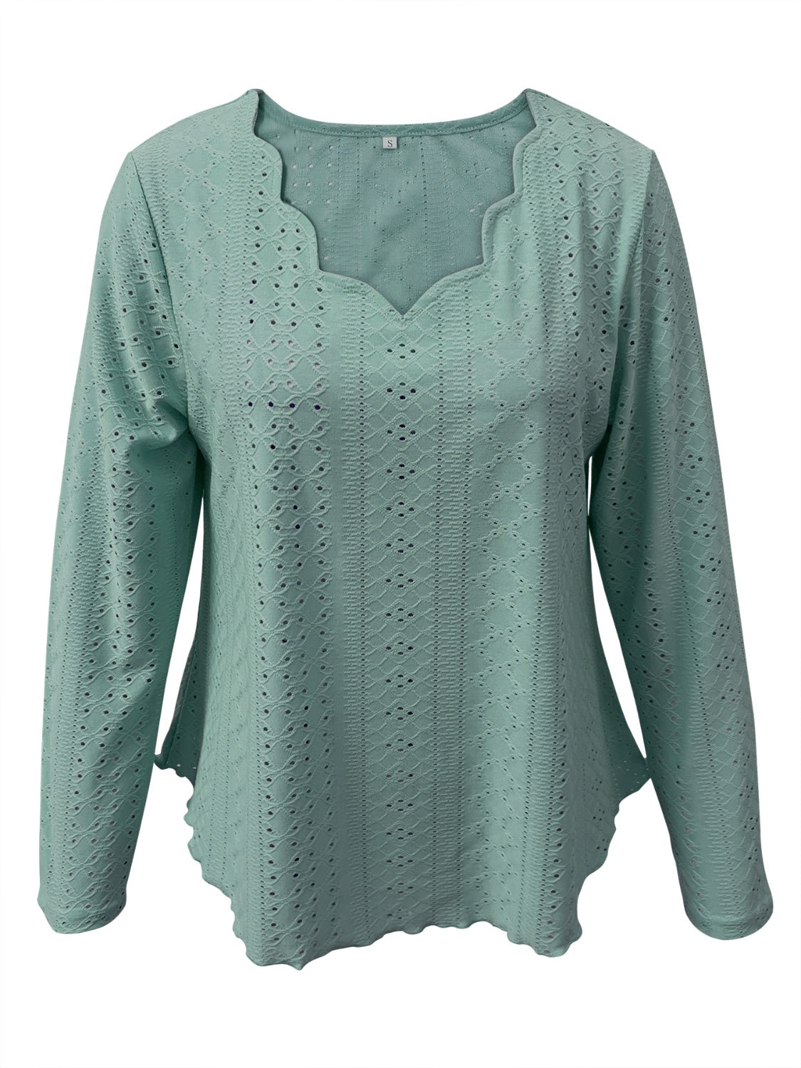 Light Blue scalloped eyelet yoke blouse with long sleeves and a wavy hem.