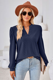 Dark Blue textured blouse with bishop sleeves and a v-neckline