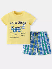 Yellow cotton t-shirt with alligator graphic and plaid shorts set