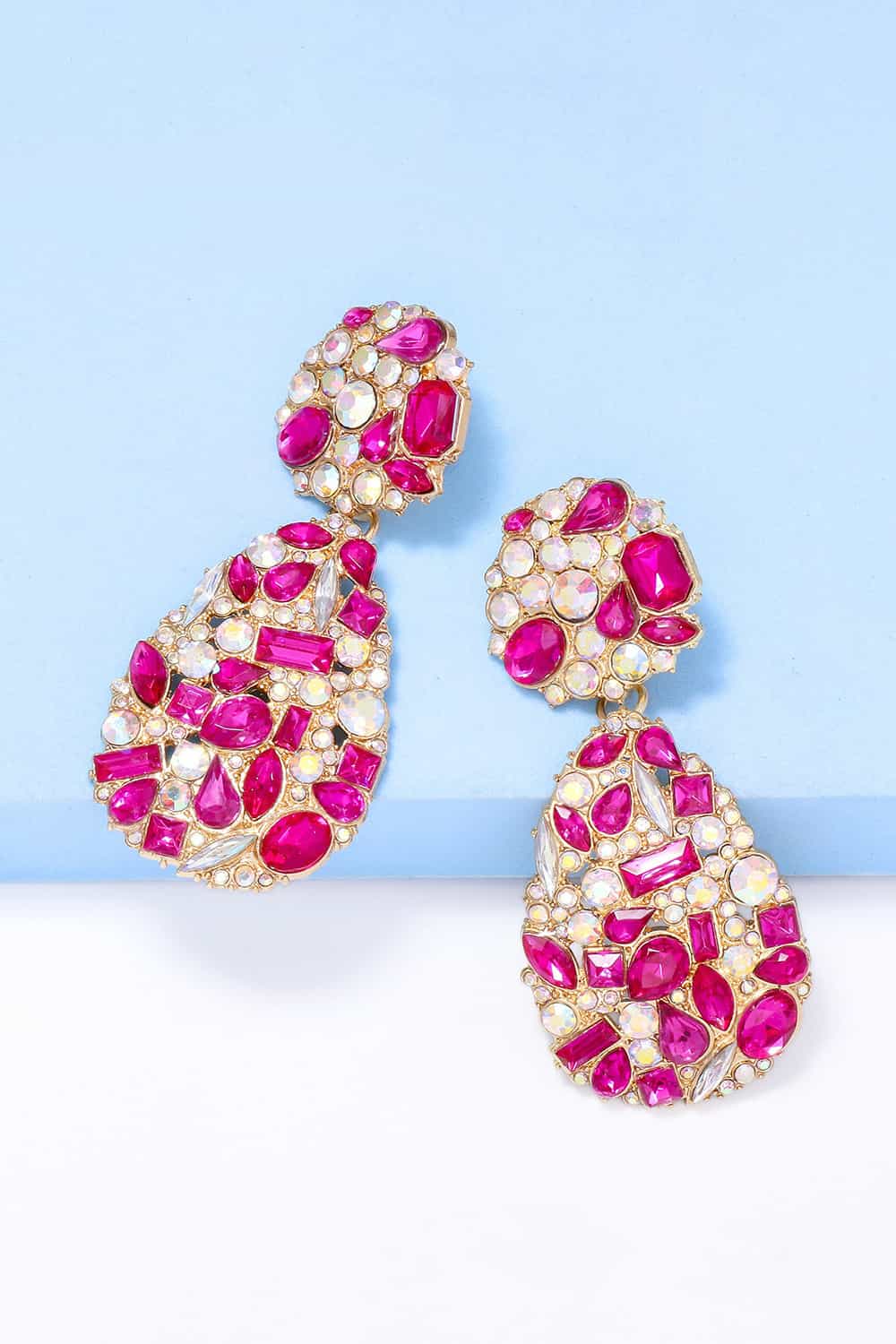 Hot Pink Gemstone Cluster Drop Earrings with gold alloy setting and acrylic stones.