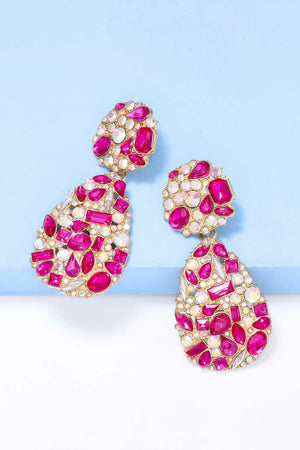 Hot Pink Gemstone Cluster Drop Earrings with gold alloy setting and acrylic stones.