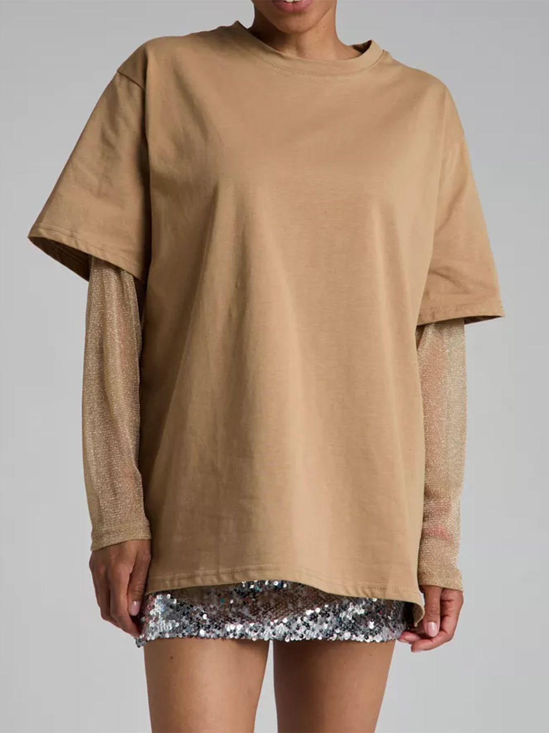 Camel oversized tee with sheer glitter long sleeves and sequin hem detail
