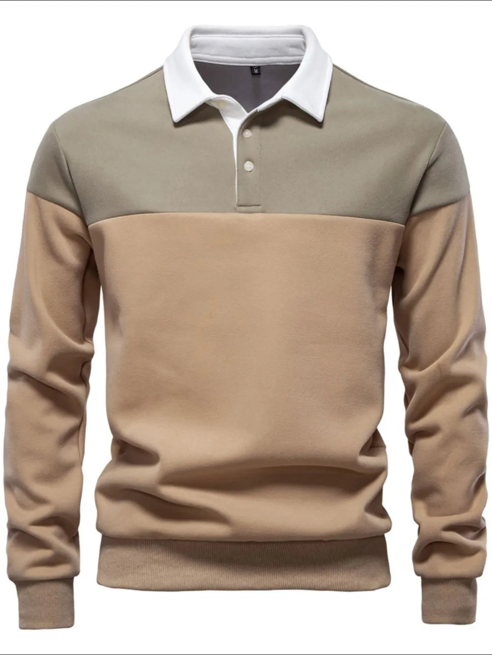 Colorblock rugby shirt with contrast white collar and button placket, in tan and olive green.