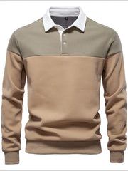 Colorblock rugby shirt with contrast white collar and button placket, in tan and olive green.