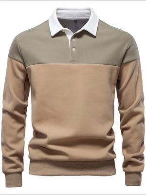 Colorblock rugby shirt with contrast white collar and button placket, in tan and olive green.