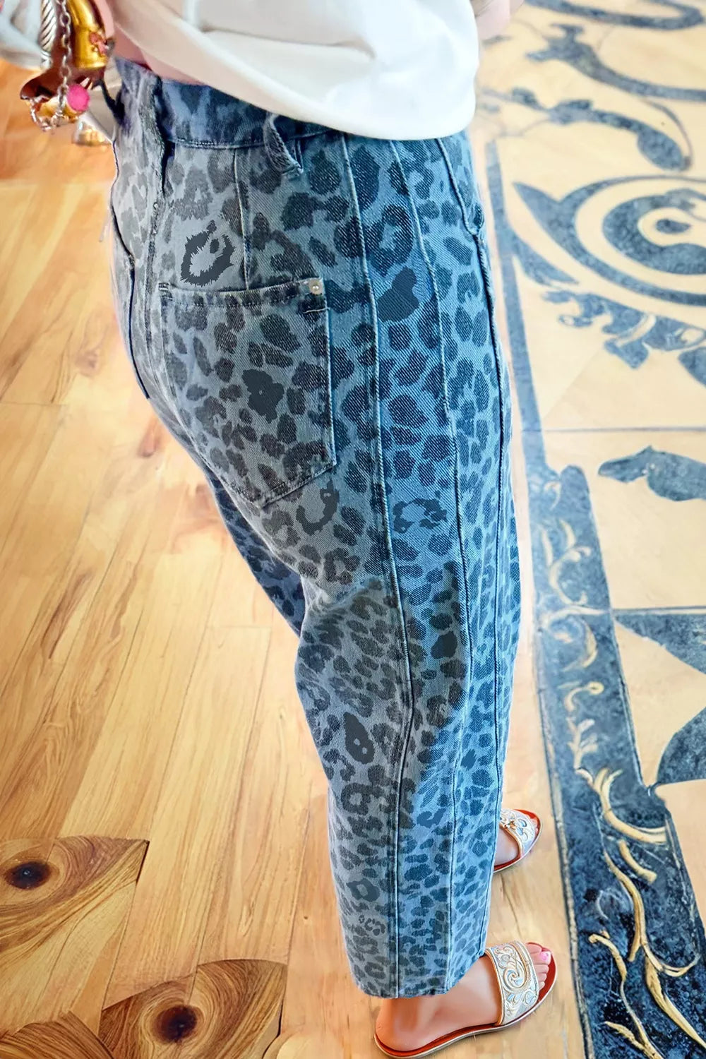 Leopard Print Barrel Leg Jeans, fabric detail