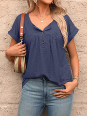 Navy relaxed henley t-shirt with button detail, short sleeves, and gathered neckline.