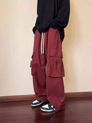 Burgundy relaxed fit cargo sweatpants with drawstring and multiple pockets.