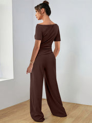 Boat neck jersey co-ord set in chocolate, featuring a relaxed fit and wide-leg pants.