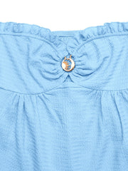 Smocked frill tube top in blue with a decorative gold buckle detail at the bust.