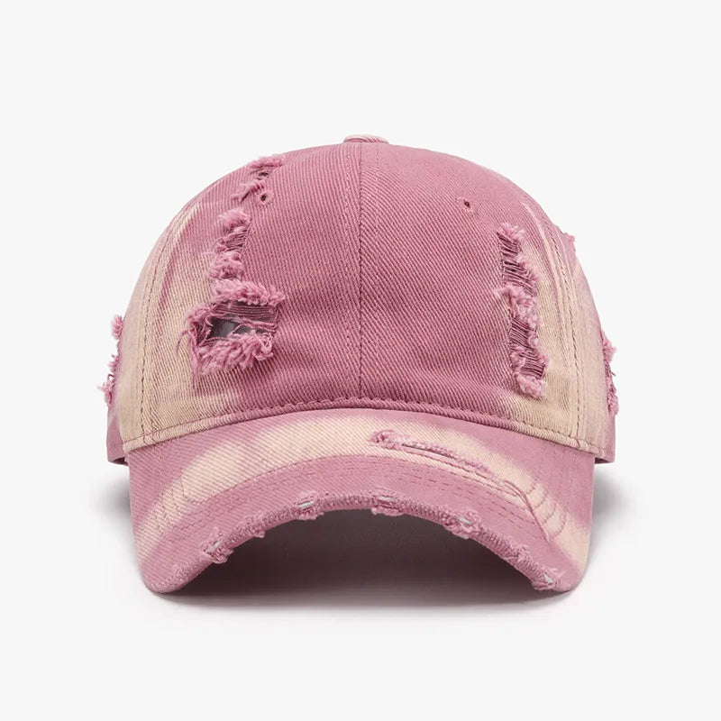 Pink purple shredded canvas baseball cap with distressed details