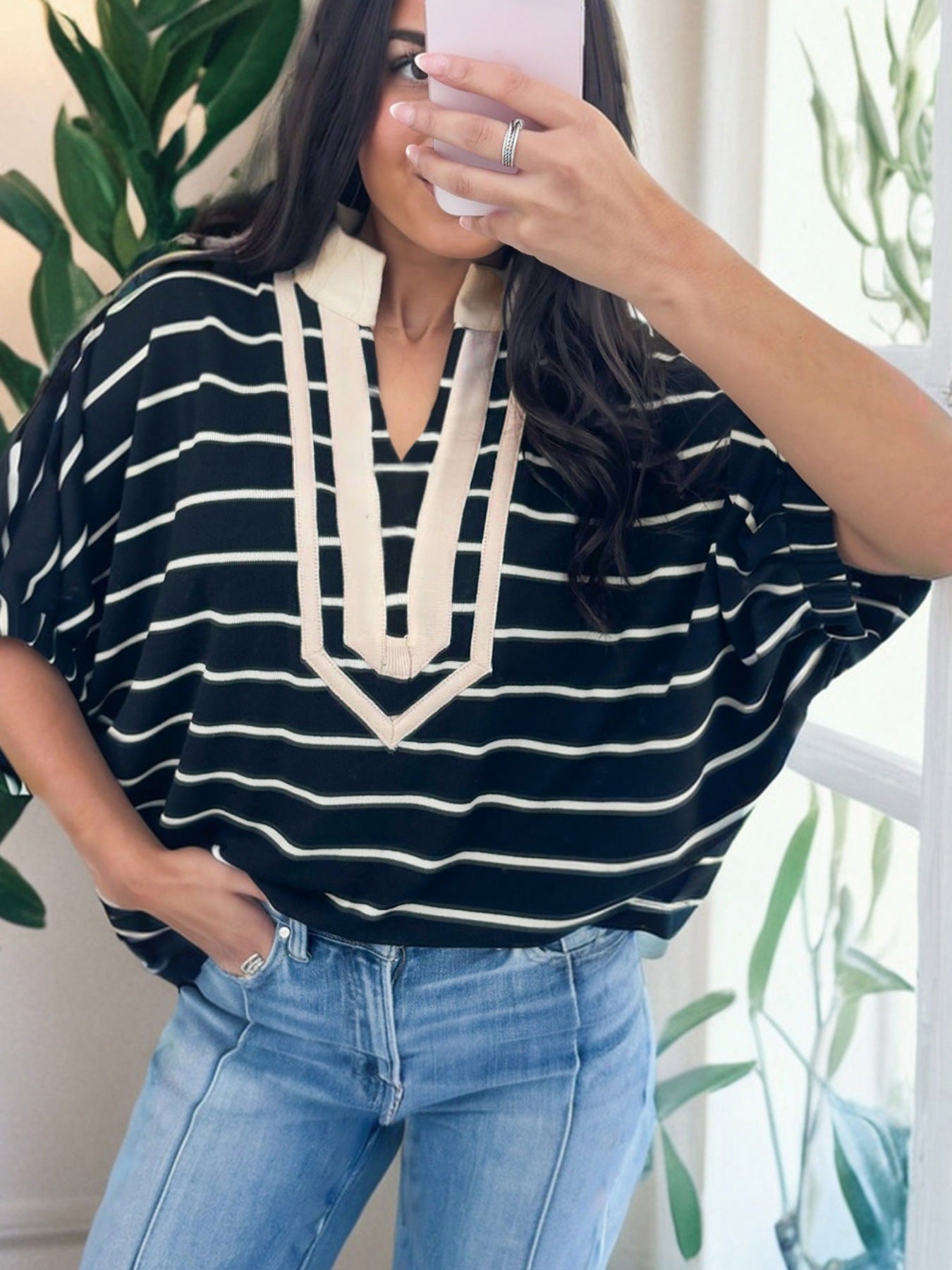 Striped dolman top with stand collar and beige trim, cotton fabric.