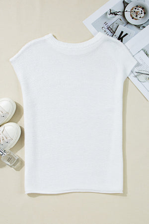 White boxy knit crop top with short sleeves and a crew neck.