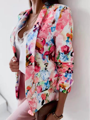 Vibrant Floral Print Open Front Blazer in Red, alternate angle