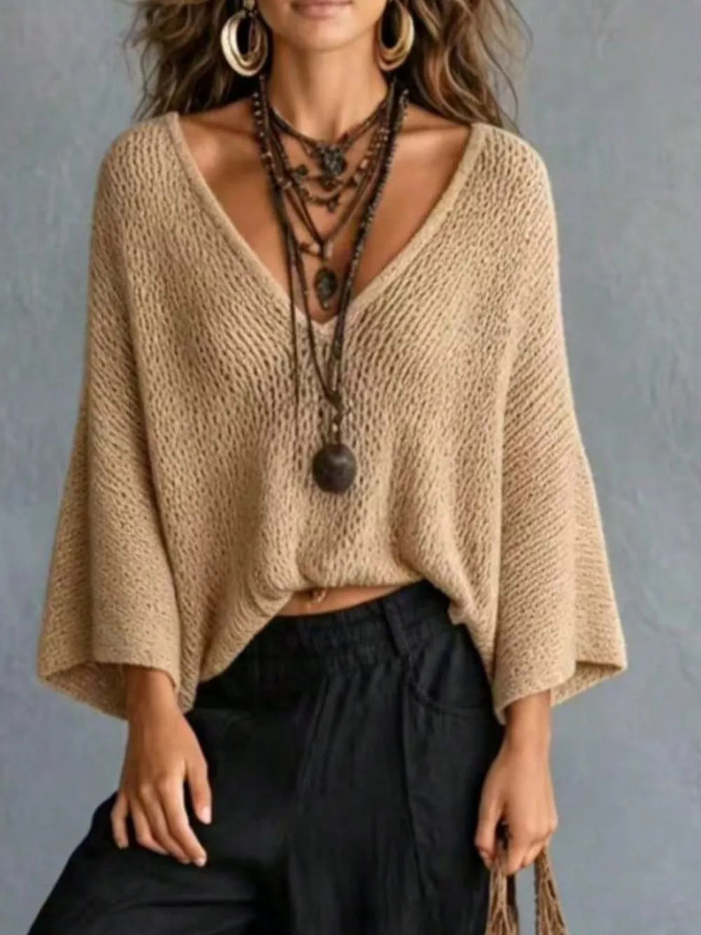 V-neck Batwing Sleeve Sweater in White, alternate angle