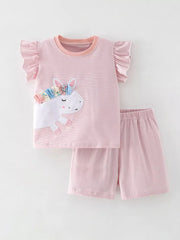 Pink striped cotton toddler top with unicorn applique and ruffled sleeves, paired with matching shorts.