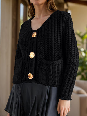 Black chunky knit cardigan with statement buttons and pockets