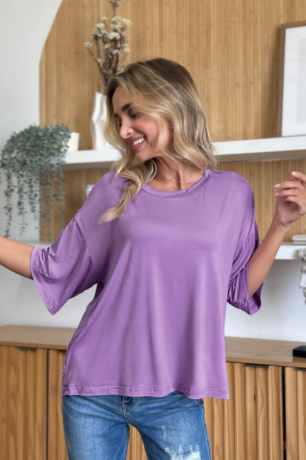 Boxy dolman crop t-shirt in lavender with relaxed fit and short sleeves.