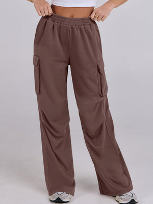 Dark brown drape wide leg sweatpants with cargo pockets and elastic waistband.