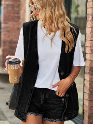 Black oversized denim vest with patch pockets and button front