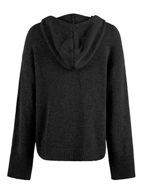 Relaxed knit hooded button-down cardigan in dark gray with ribbed cuffs and hem.