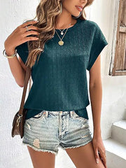 Textured Round Neck Short Sleeve Top in Malachite Green, model styling view