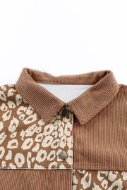Camel corduroy jacket with leopard print panels and button details.