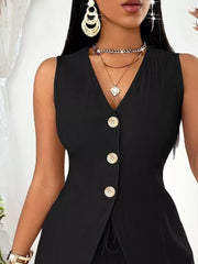Black button-down vest with V-neck and drawstring detail, part of a set.