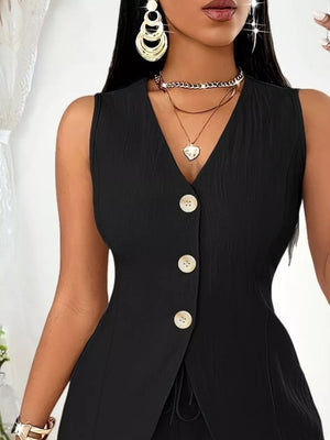 Black button-down vest with V-neck and drawstring detail, part of a set.