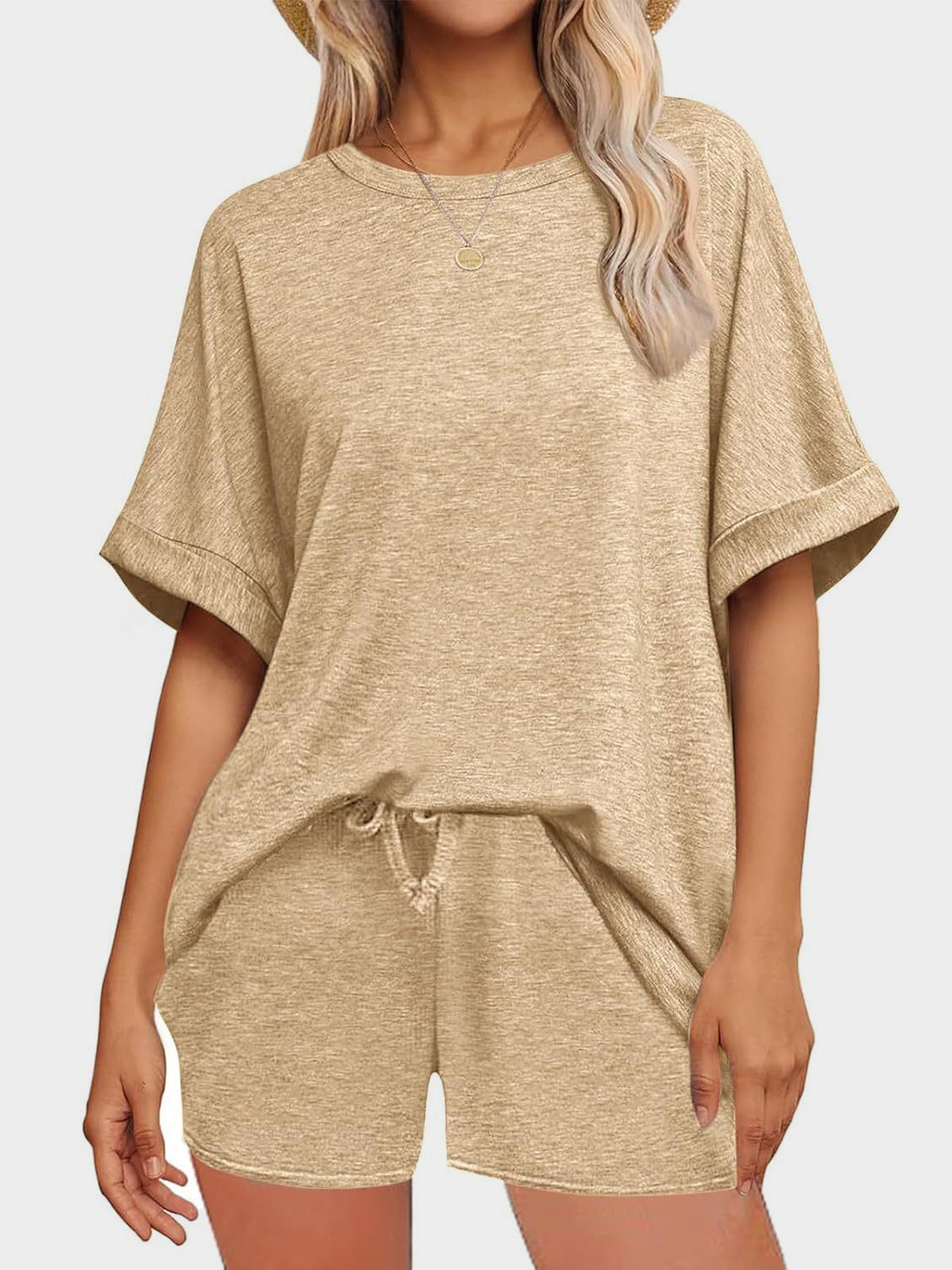 Tan relaxed fit tee and shorts loungewear set with drawstring shorts.