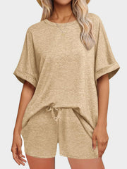 Tan relaxed fit tee and shorts loungewear set with drawstring shorts.