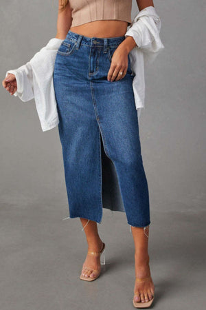 Slit-front raw-hem denim midi skirt in light blue with buttoned closure.