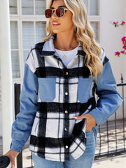 Colorblock plaid denim shacket in dusty blue with button front and chest pockets.