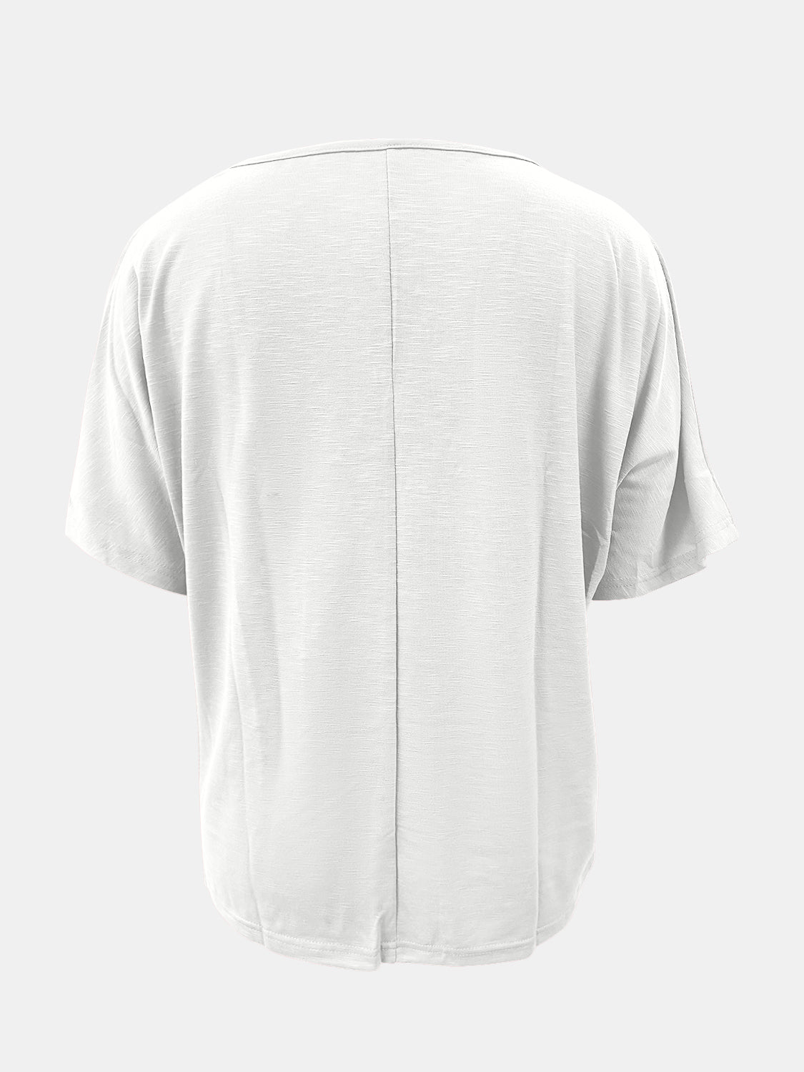 White relaxed v-neck dolman sleeve tee with textured fabric and center back seam.